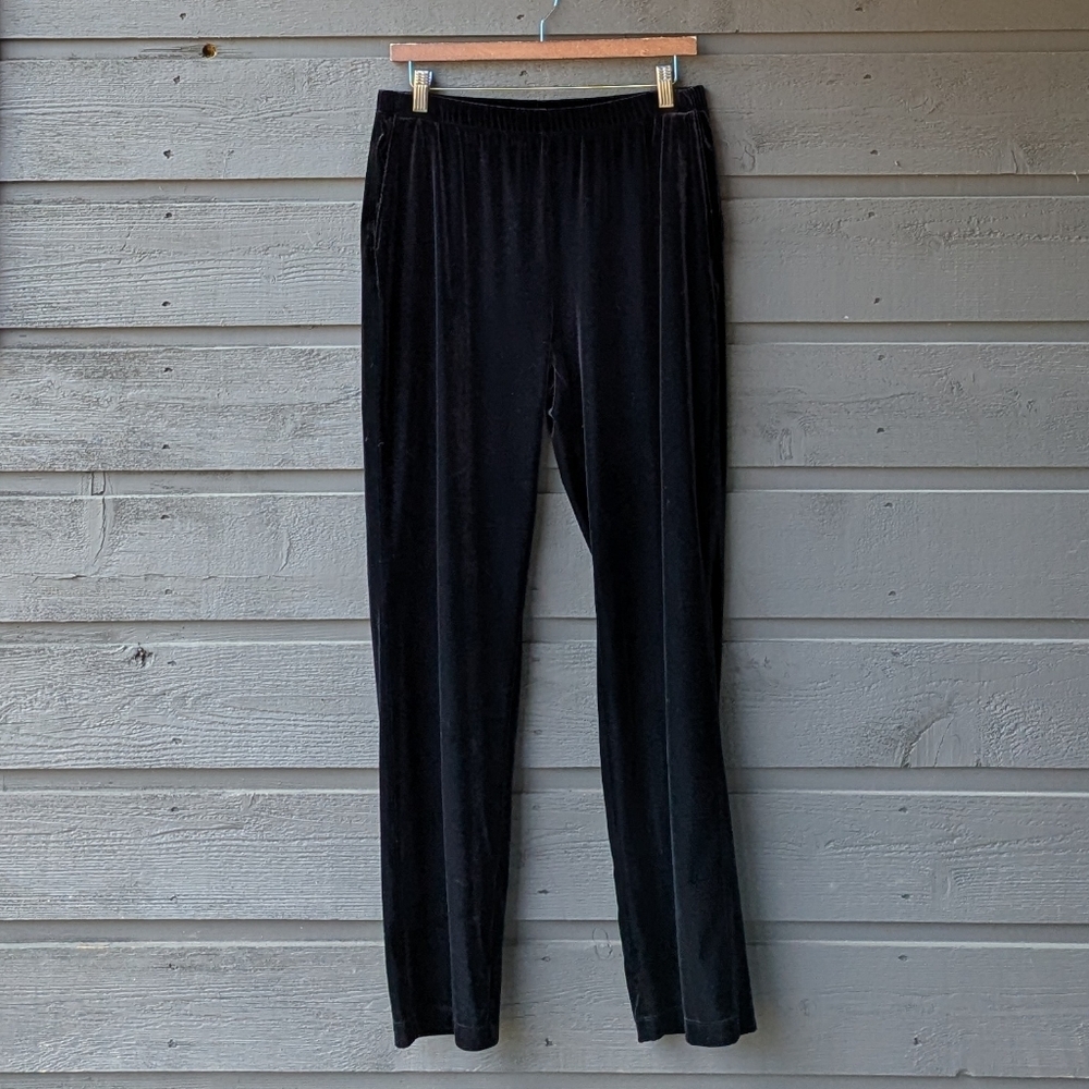 Lands' End Black Velvet Straight Leg Elastic Waist Pants Size 6-8 Pockets